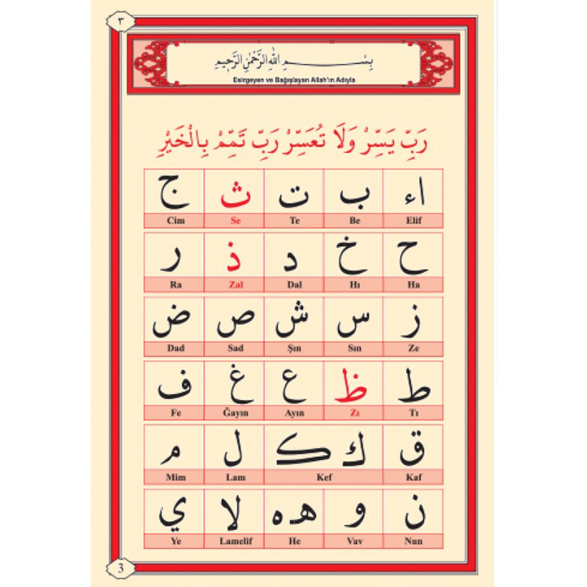 Kur'an-ı Kerim Elifbası - Arapça Türkçe Rakam Öğretim Tablosu